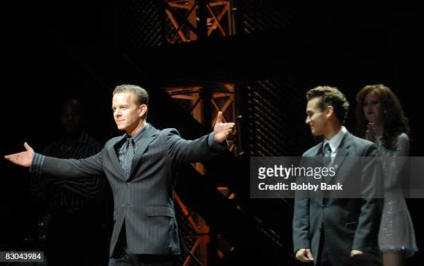 Christian Hoff and Michael Longoria both take their l curtain calls at their final performance in "Jersey Boys" at the August Wilson Theatre on...