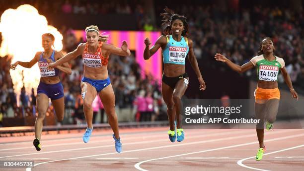 Netherlands' Dafne Schippers leads Ivory Coast's Marie-Josée Ta Lou and Bahamas's Shaunae Miller-Uibo to win the final of the women's 200m athletics...