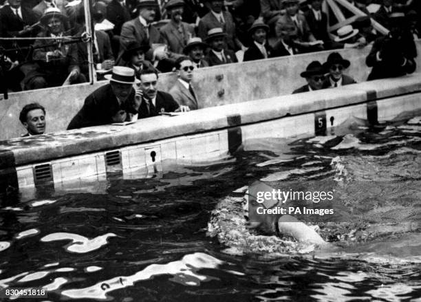 Miss Norton of Great Britain wins the final of the women's 200m breast stroke swimming race, during the 1924 Olympic Games held in Paris, France.