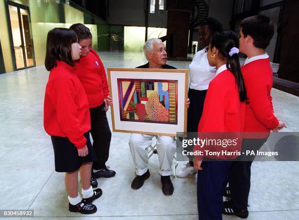 British artist Howard Hodgkin holding his painting Robyn Denny and Katherine Reid during the presentation of the first set of this year's Sainsbury's...