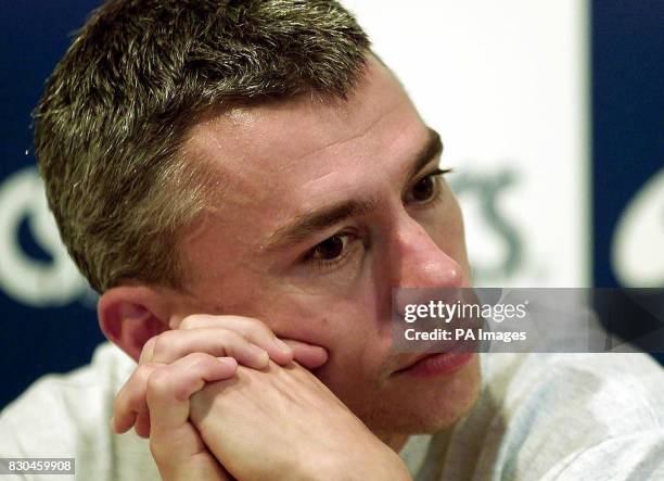 World record holder Jonathan Edwards answers questions during a press conference ahead of the Triple Jump final at the Olympic Stadium. Edwards spoke...