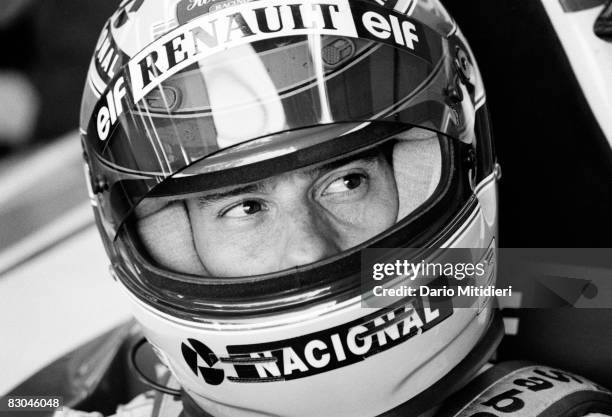 Brazilian Formula 1 race car driver Ayrton Senna in his car during a qualifying round of the San Marino F1 Grand Prix on the Imola Circuit, Imola,...