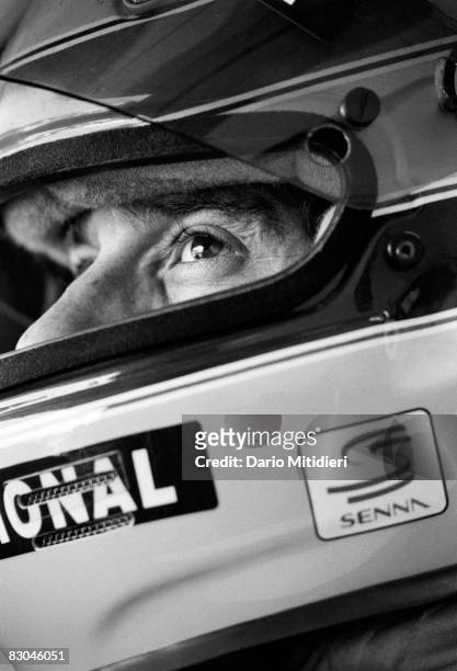 Brazilian Formula 1 race car driver Ayrton Senna in his car during a qualifying round of the San Marino F1 Grand Prix on the Imola Circuit, Imola,...
