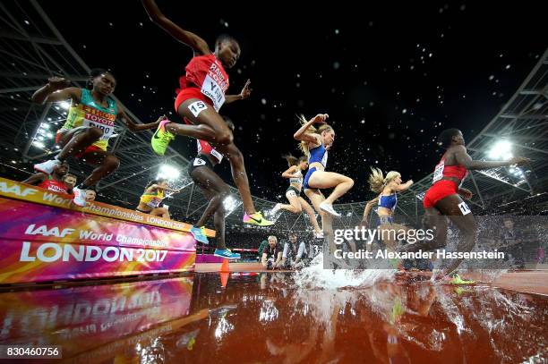 Emma Coburn of the United States and Courtney Frerichs of the United States compete in the Women's 3000 metres Steeplechase final during day eight of...