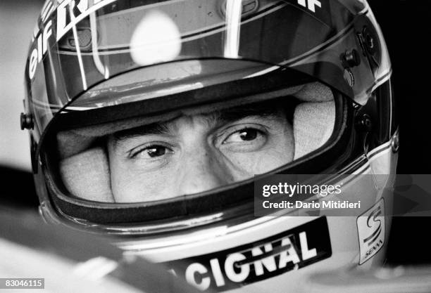 Brazilian Formula 1 race car driver Ayrton Senna in his car during a qualifying round of the San Marino F1 Grand Prix on the Imola Circuit, Imola,...