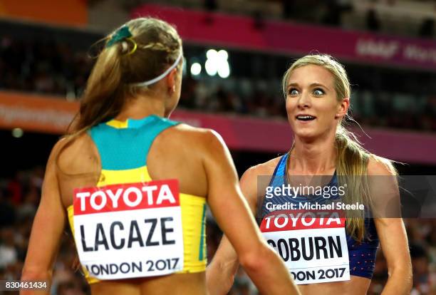 Emma Coburn of the United States and Genevieve LaCaze of Australia react after the Women's 3000 metres Steeplechase final during day eight of the...