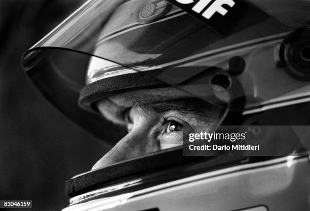 Brazilian Formula 1 race car driver Ayrton Senna in his car during a qualifying round of the San Marino F1 Grand Prix on the Imola Circuit, Imola,...