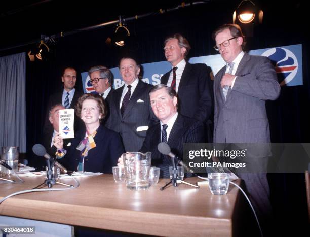 Prime Minister Margaret Thatcher with Cabinet colleagues at a press conference in London, where she presented her party's manifesto for the...