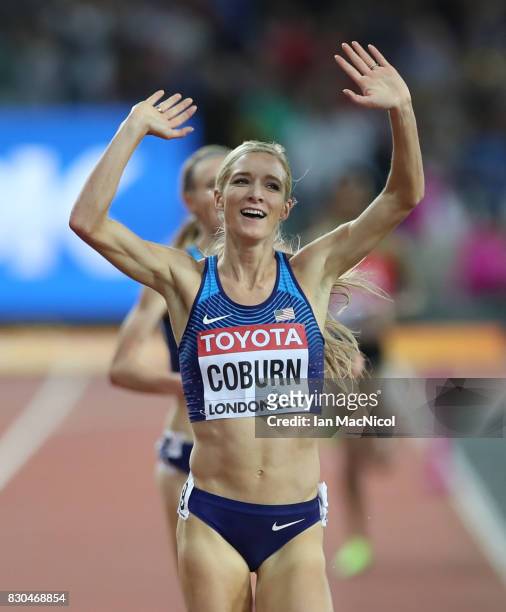 Emma Coburn of United States celebrates winning the Women's Steeplechase final during day eight of the 16th IAAF World Athletics Championships London...