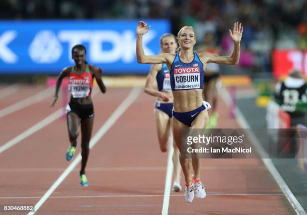 Emma Coburn of United States celebrates winning the Women's Steeplechase final during day eight of the 16th IAAF World Athletics Championships London...