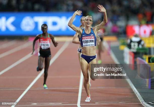 Emma Coburn of United States celebrates winning the Women's Steeplechase final during day eight of the 16th IAAF World Athletics Championships London...