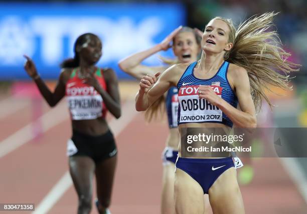 Emma Coburn of United States celebrates winning the Women's Steeplechase final during day eight of the 16th IAAF World Athletics Championships London...