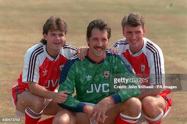 Arsenal three new summer signings warming up for the new season t the lub's training ground. Anders Limpar, David Seaman and Andy Linighan.