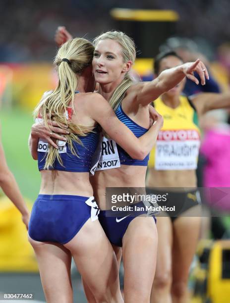 Courtney Frerichs and Emma Coburn of United States celebrate gold and silver in the Women's Steeplechase final during day eight of the 16th IAAF...