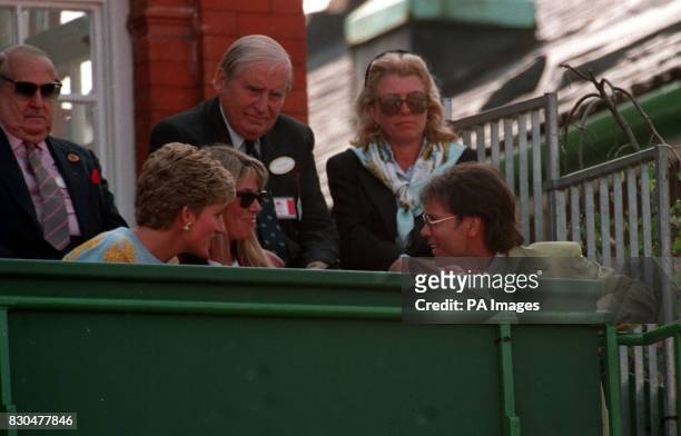 The Princess of Wales chats to pop star Cliff Richard during the Stella Artois Championships at the Queen's Club. With them is a friend of the...