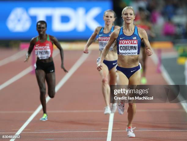 Emma Coburn of United States enters the final straight as she competes in the Women's Steeplechase final during day eight of the 16th IAAF World...