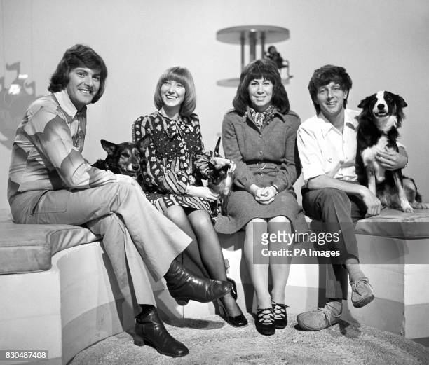 The presenters of children's television programme 'Blue Peter' in 1972 L-R: Peter Purves, Lesley Judd, Valerie Singleton and John Noakes, who is with...