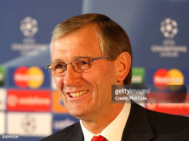 Bruce Rioch Manager of Aalborg participates in a press conference before the UEFA Champions League Group E match between Aalborg and Manchester...