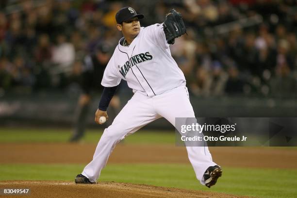 Felix Hernandez of the Seattle Mariners pitches against the Los Angeles Angels of Anaheim during the game on September 24, 2008 at Safeco Field in...