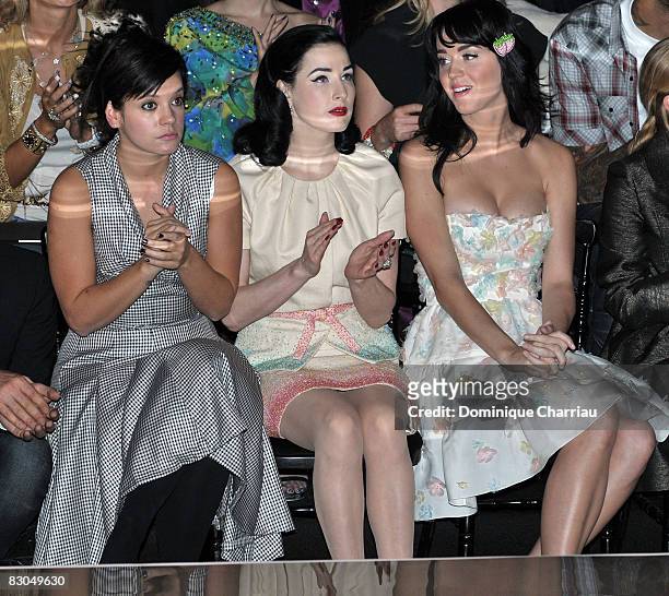 Lily Allen, Dita Von Teese and Katy Perry attend the Christian Dior PFW Spring/Summer 2008 show on September 29, 2008 in Paris, France.