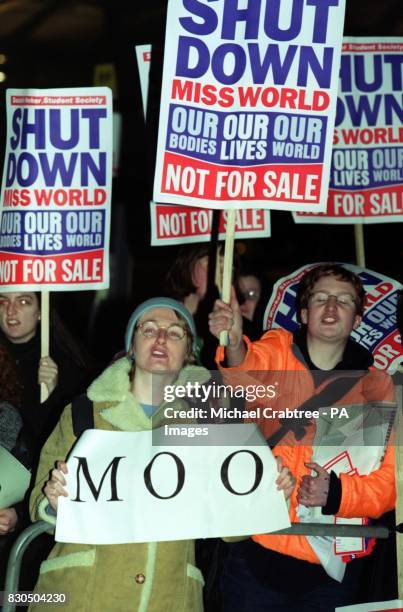 Protesters demonstrate outside The Millennium Dome where Miss World 2000 contest took place.