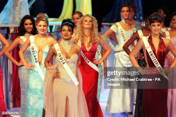 Some of the entrants of the Miss World contest at The Millennium Dome in Greenwich.