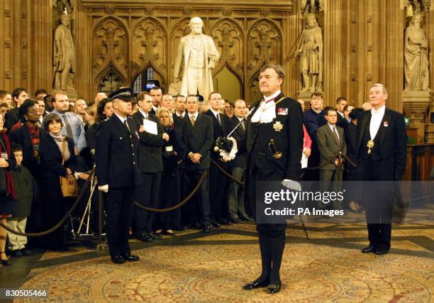 Black Rod General Sir Edward Jones stands in the central lobby of the Houses of Parliament before approaching the House of Commons to summon MP's to...