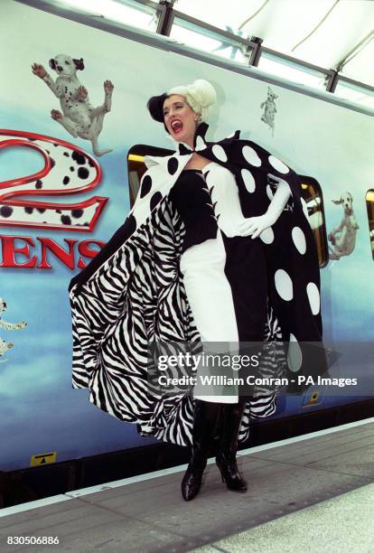 Cruella DeVil at Waterloo Station in London to launch Disney's 102 Dalmations Eurostar train. All 18 coaches of the train are covered with images of...