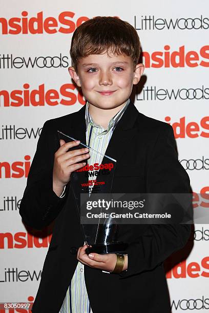 Actor Ellis Hollins poses in the press room with his award for Best Young Actor the Inside Soap Awards 2008 at Gilgamesh, Camden Lock on September...
