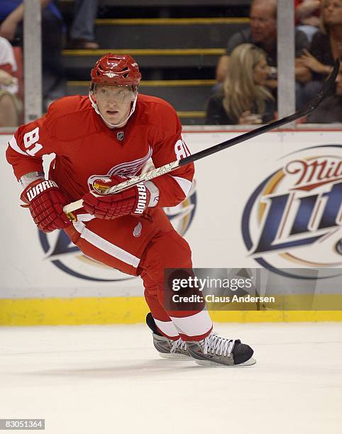 Marian Hossa of the Detroit Red Wings skates in a pre-season game against the Boston Bruins on September 26, 2008 at the Joe Louis Arena in Detroit,...