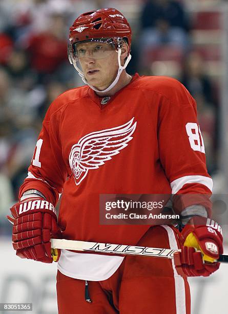 Marian Hossa of the Detroit Red Wings waits for a faceoff in a pre-season game against the Boston Bruins on September 26, 2008 at the Joe Louis Arena...