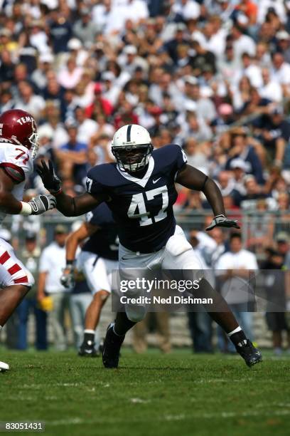 Defensive lineman Josh Gaines of the Penn State Nittany Lions rushes the passer against the University of Temple Owls at Beaver Stadium on September...