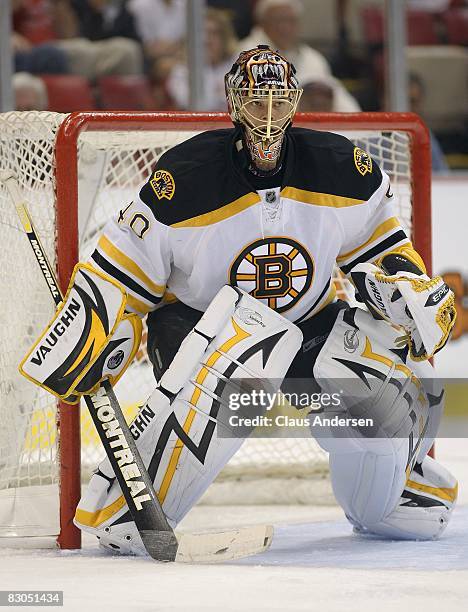 Tuukka Rask of the Boston Bruins gets set to face a shot in a pre-season game against the Detroit Red Wings on September 26, 2008 at the Joe Louis...