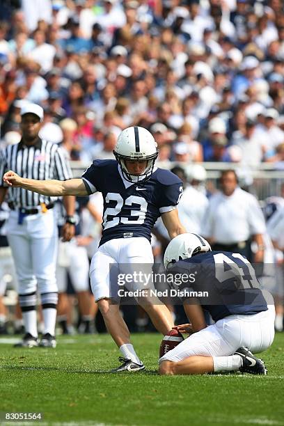 Place kicker Kevin Kelly of the Penn State Nittany Lions kicks oa field goal against the University of Temple Owls at Beaver Stadium on September 20,...