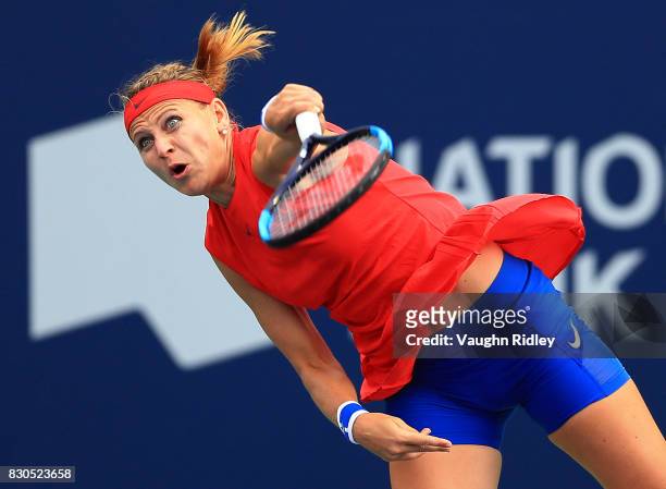 Lucie Safarova of Czech Republic serves against Sloane Stephens of the United States during Day 7 of the Rogers Cup at Aviva Centre on August 11,...