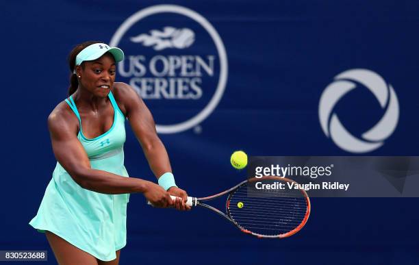 Sloane Stephens of the United States plays a shot against Lucie Safarova of Czech Republic during Day 7 of the Rogers Cup at Aviva Centre on August...