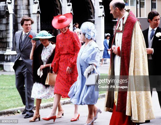 The Queen Mother, Princess Margaret and Lady Diana Spencer arriving at St. Margaret's Church, Westminster, for the wedding of Nicholas soames and...