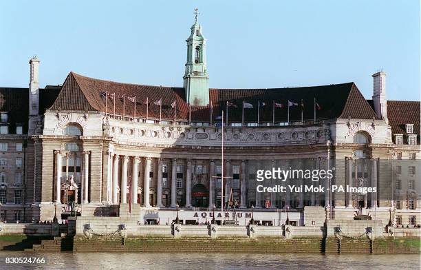 County Hall and the London Aquarium, on the bank of the River Thames, in London.