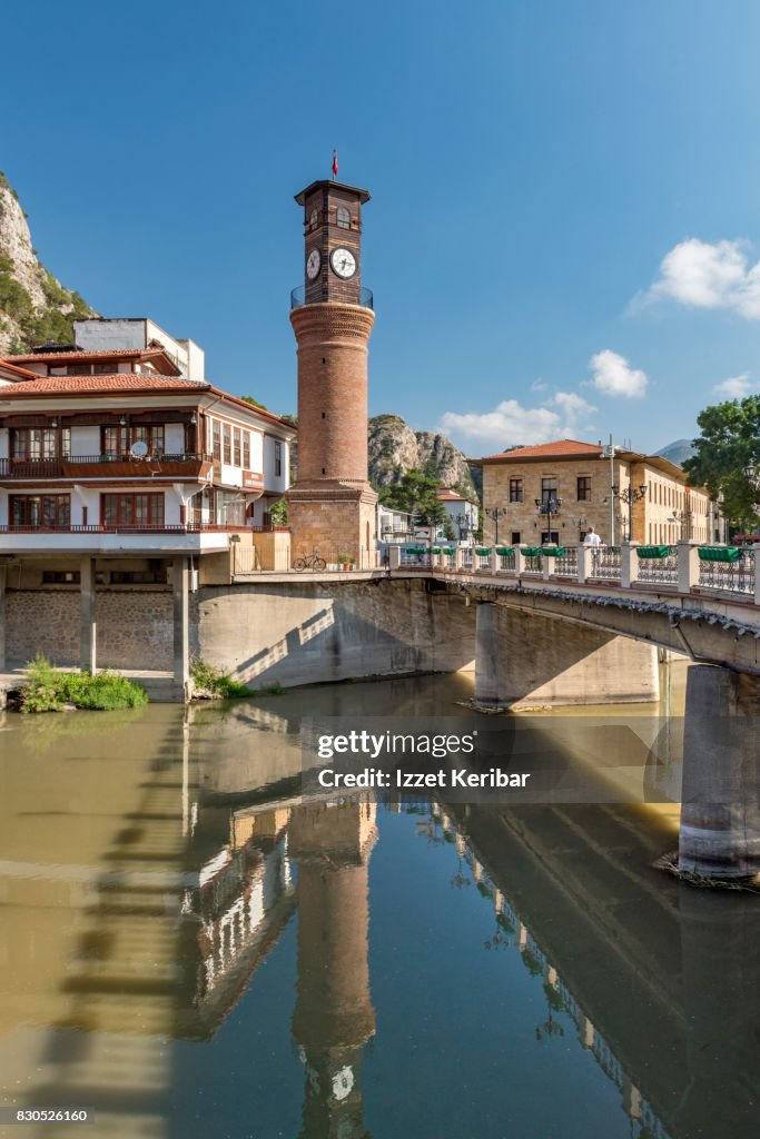 Old clock tower and bridge at Amasya , Turkey