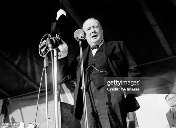 Prime Minister Winston Churchill addresses the audience of over 20,000 at Walthamstow Stadium, London.