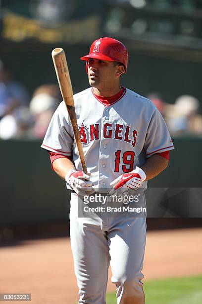 Kendry Morales of the Los Angeles Angels prepares to bat during the game against the Oakland Athletics at the McAfee Coliseum in Oakland, California...
