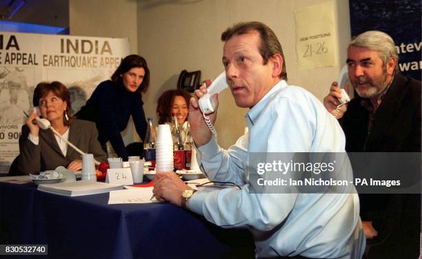 Actress Pauline Collins, Big Brother contestants Anna Nolan and Melanie Hill, actors Leslie Grantham and John Alderton on the telephone lines for the...