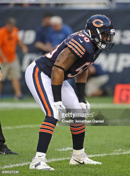 Jerrell Freeman of the Chicago Bears awaits the snap during a preseason game against the Denver Broncos at Soldier Field on August 10, 2017 in...