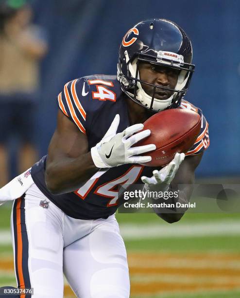 Deonte Thompson of the Chicago Bears fields a kick-off against the Denver Broncos during a preseason game at Soldier Field on August 10, 2017 in...
