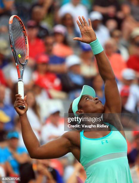 Sloane Stephens of the United States serves against Lucie Safarova of Czech Republic during Day 7 of the Rogers Cup at Aviva Centre on August 11,...