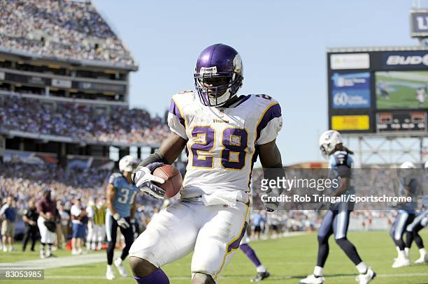 Adrian Peterson of the Minnesota Vikings rushes for a touchdown in the 4th quarter against the Tennessee Titans on September 28, 2008 at LP Stadium...