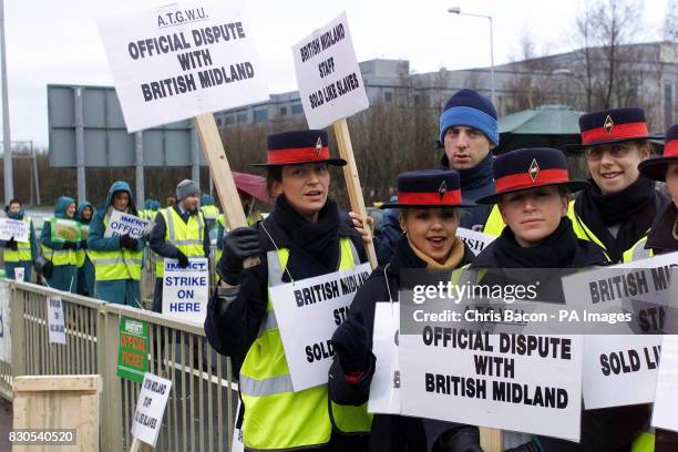 British Midland ground staff along with Aer Lingus cabin crew on the picket line outside Dublin Airport. Aer Lingus staff staged a one day strike...