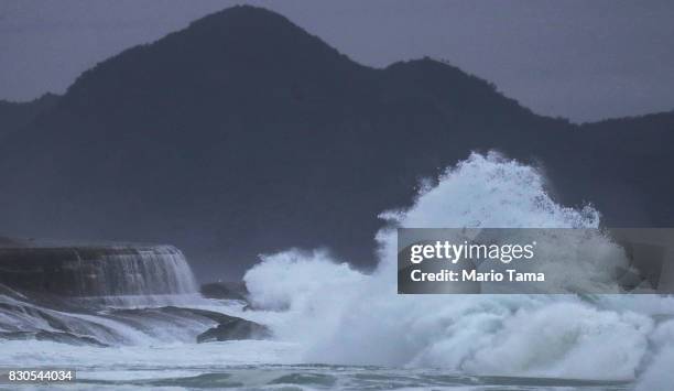 Wave crashes during strong winter swells on the Atlantic Ocean on August 11, 2017 in Rio de Janeiro, Brazil. Waves were measured as high as thirteen...