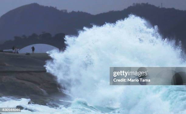 Wave crashes during strong winter swells on the Atlantic Ocean on August 11, 2017 in Rio de Janeiro, Brazil. Waves were measured as high as thirteen...