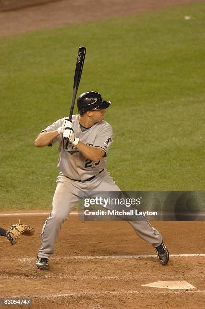 Gaby Sanchez of the Florida Marlins bats during a baseball game against the Washington Nationals on September 24, 2008 at Nationals Park in...